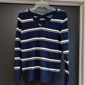 Elegant Navy and White Striped V-Neck Sweater